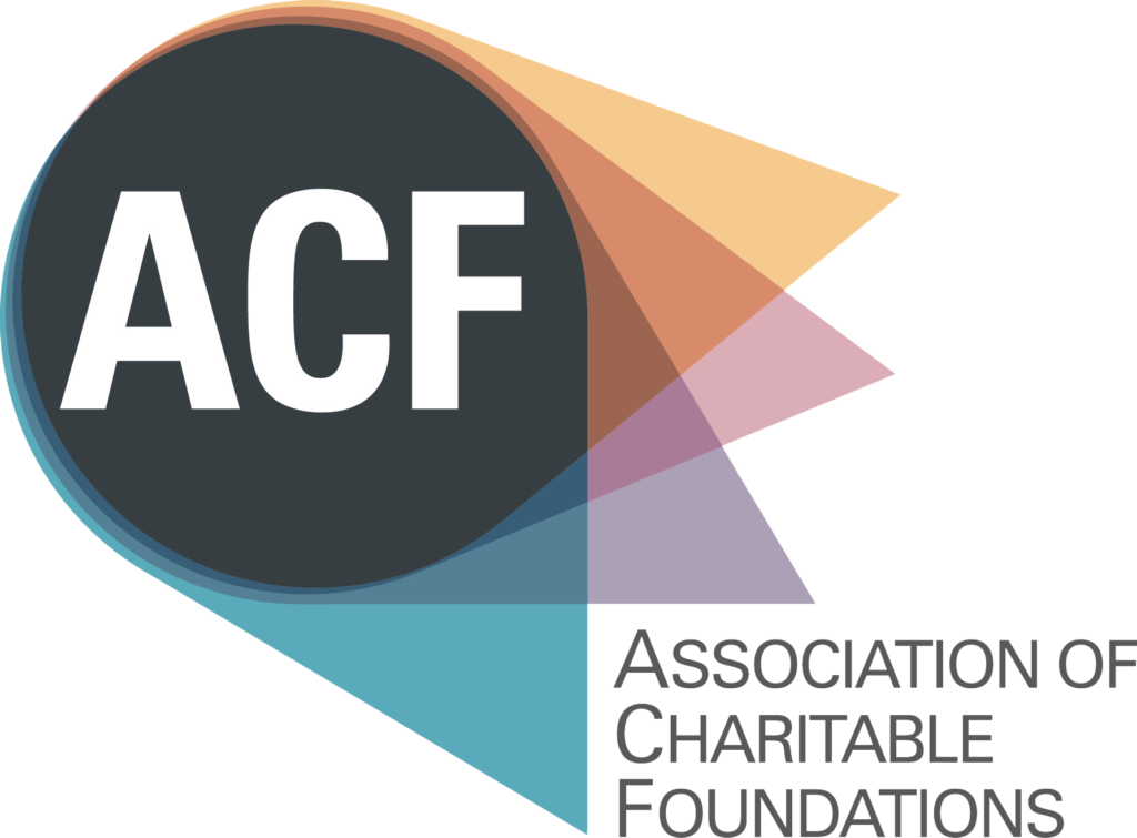 ACF Logo with their name over transparent teardrop shapes in muted colours