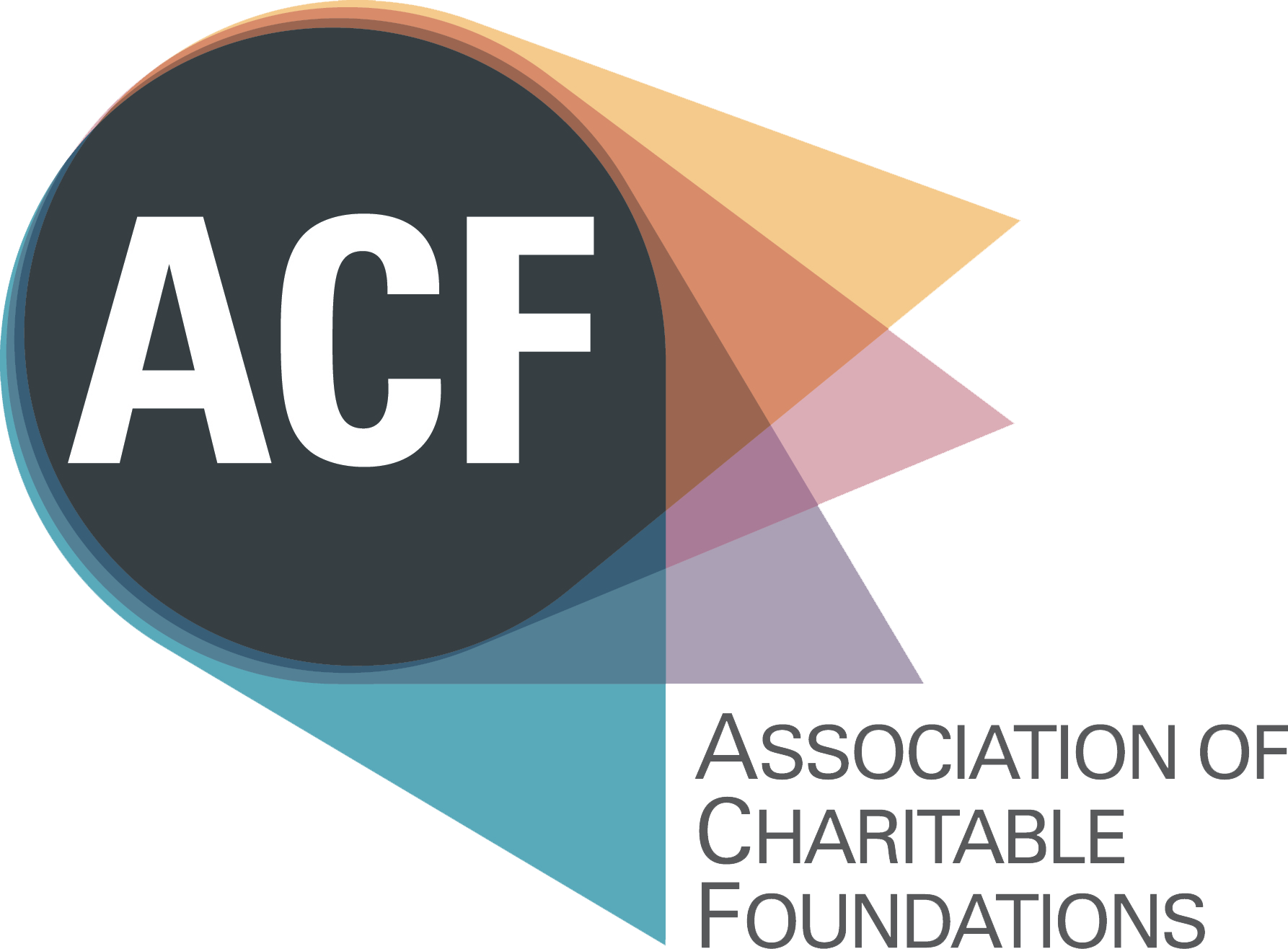 ACF Logo with their name over transparent teardrop shapes in muted colours